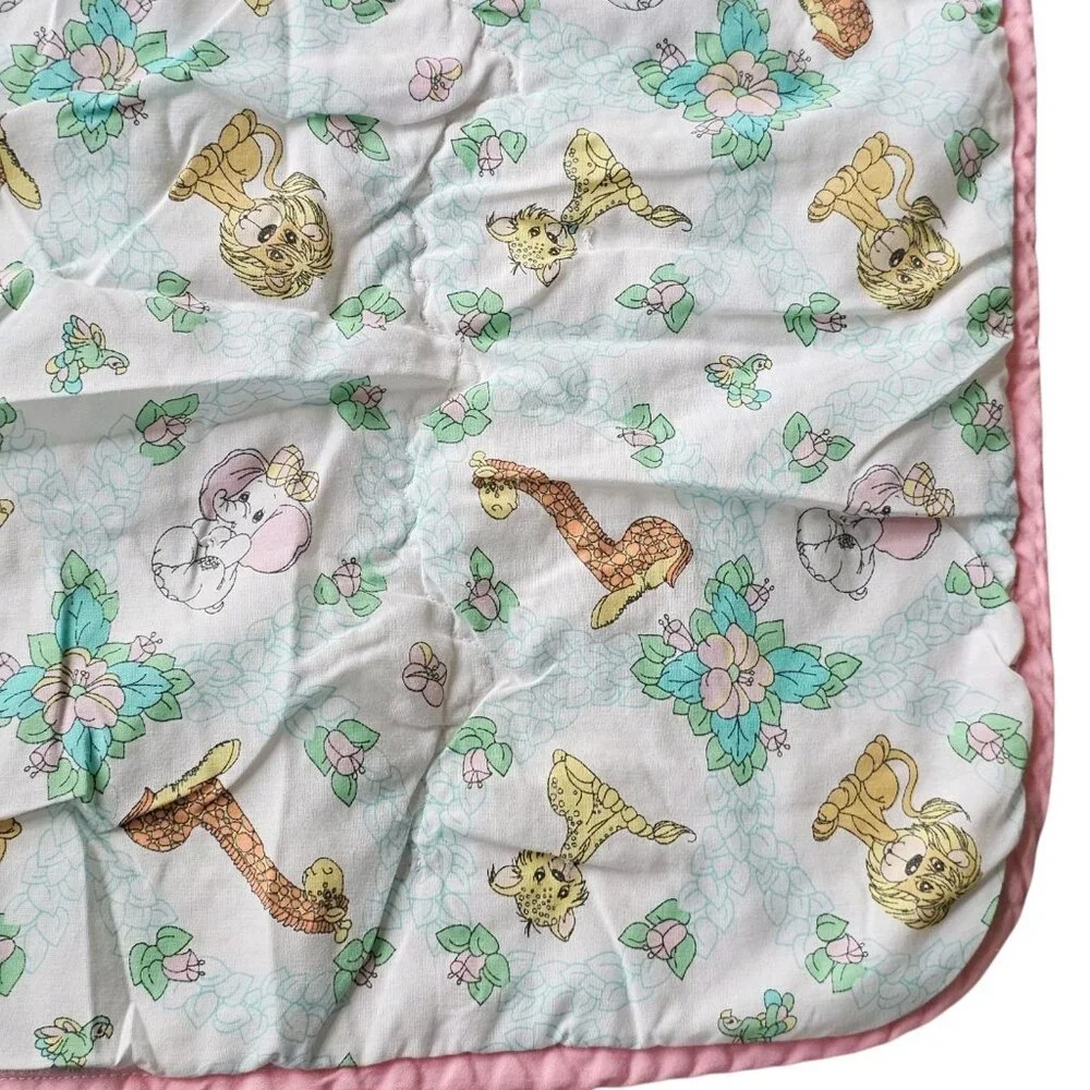 VTG Precious Moments Animal Baby Quilt Blanket‎ Flowers Pink Flannel Back 31x41